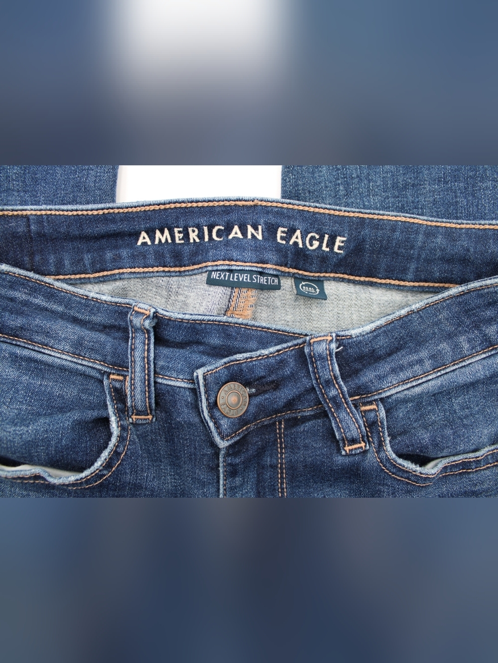 American Eagle Dark Wash Distressed Skinny Jeans Criss Cross Waist Size 6 - Picture 3 of 7